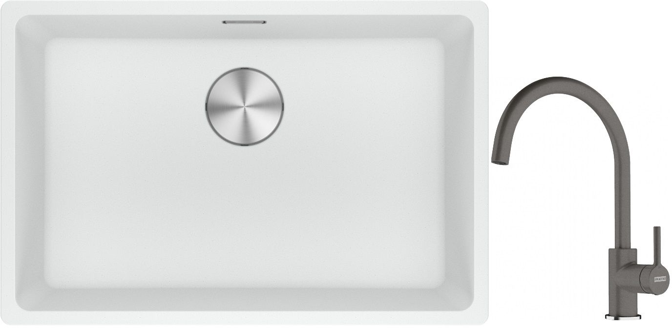 Franke Maris MRG 110-62 zlewozmywak 62x40 cm Fragranite biały polarny z baterią kuchenną Lina kamienny szary (1250687259, 1150626022)