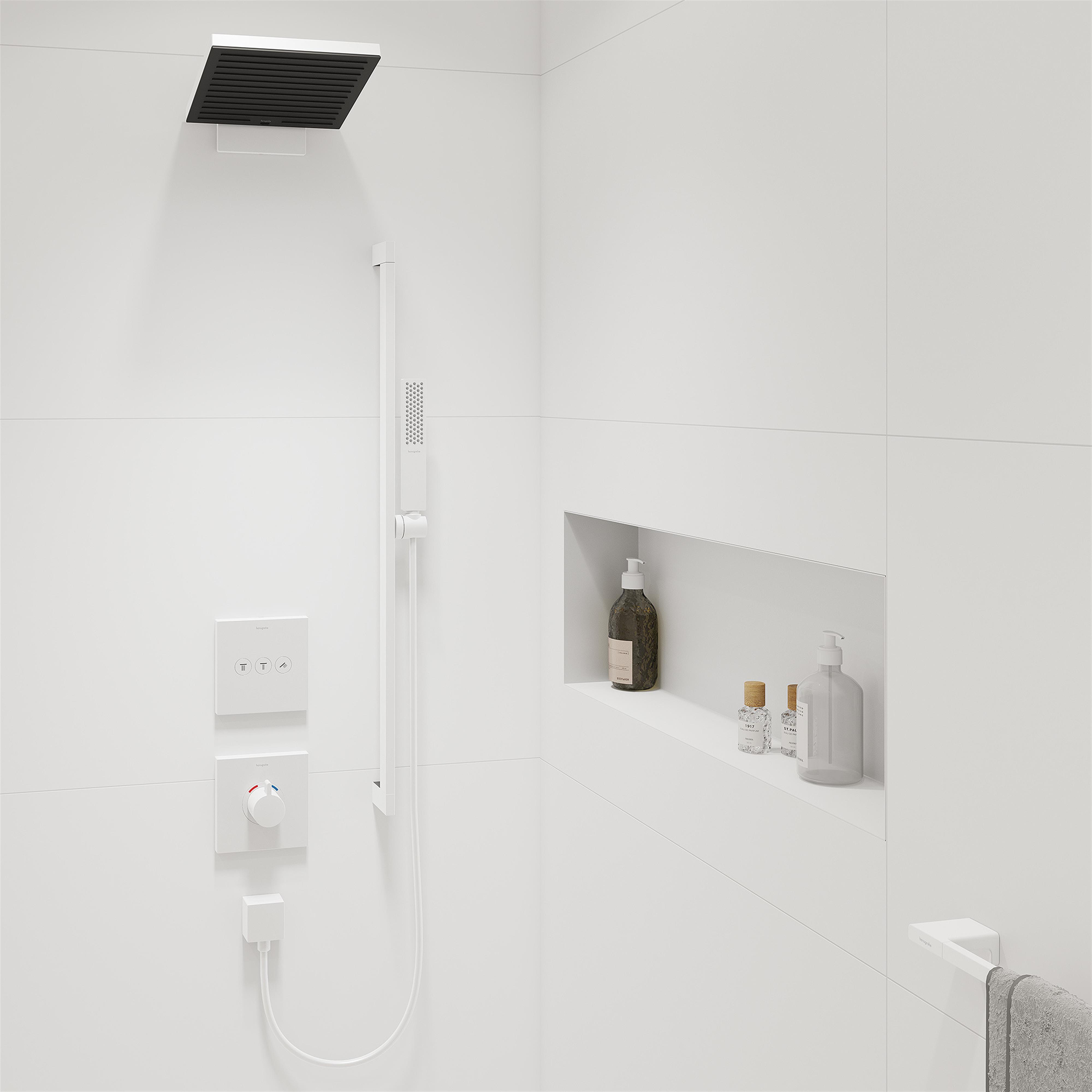 Hansgrohe Pulsify E deszczownica 26 cm kwadratowa z ramieniem ściennym biały mat 24350700