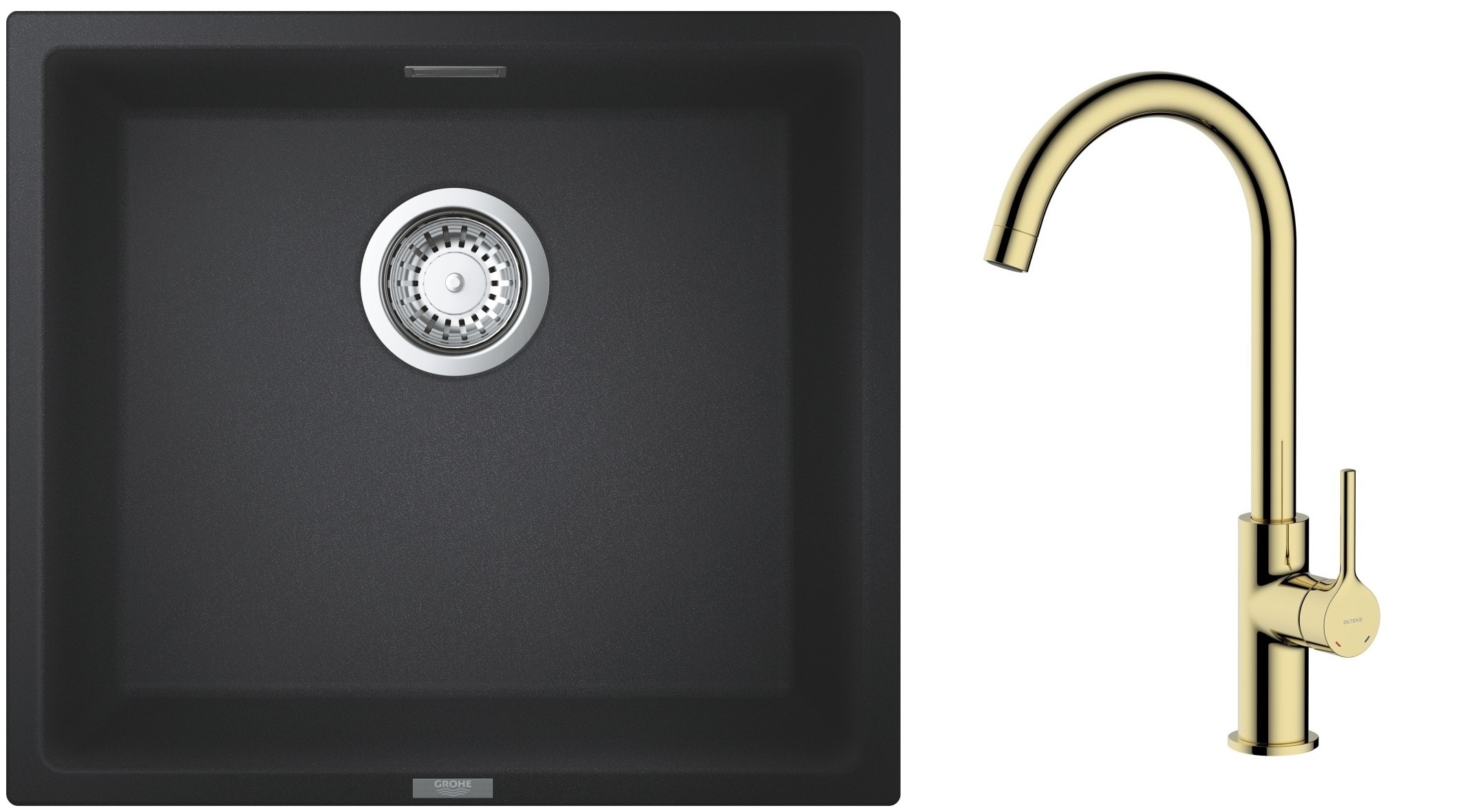 Zestaw Grohe K700 zlewozmywak granitowy 45,7x40,6 cm z baterią kuchenną Oltens Skafta czarny granit/złoty połysk (35206800, 31653AP0) - Wysyłka w 24h