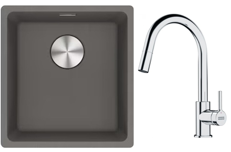 Franke Maris MRG 110-37 zlewozmywak 40x37 cm Fragranite kamienny szary z baterią kuchenną Lina chrom (1250687250, 1150693229)