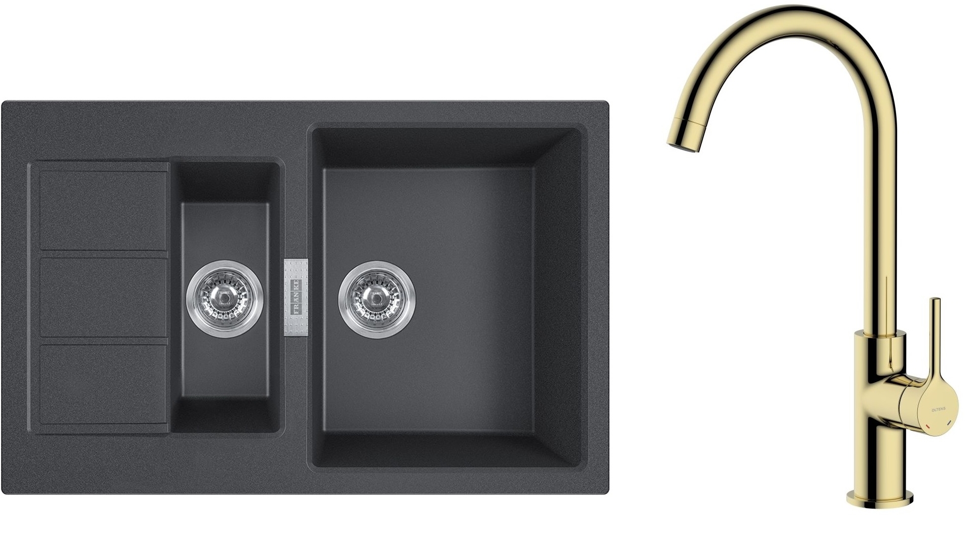 Zestaw Franke Sirius 2.0 S2D 651-78 zlewozmywak 78x50 cm z baterią kuchenną Oltens Skafta onyx/złoty połysk (1430618687, 35206800) - Wysyłka w 24h