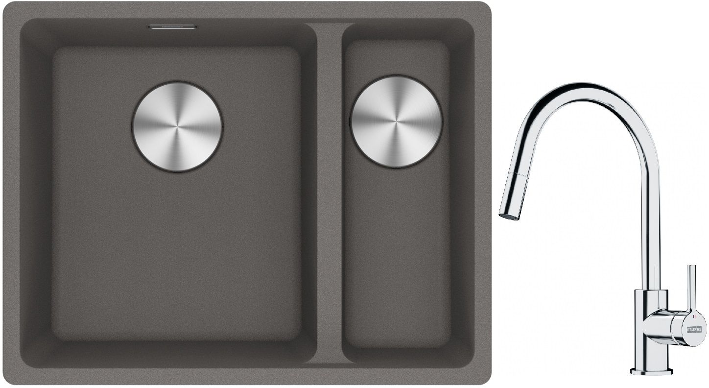 Franke Maris MRG 160-34-15SBR zlewozmywak 52x40 cm Fragranite kamienny szary z baterią kuchenną Lina chrom (1250687266, 1150693229)