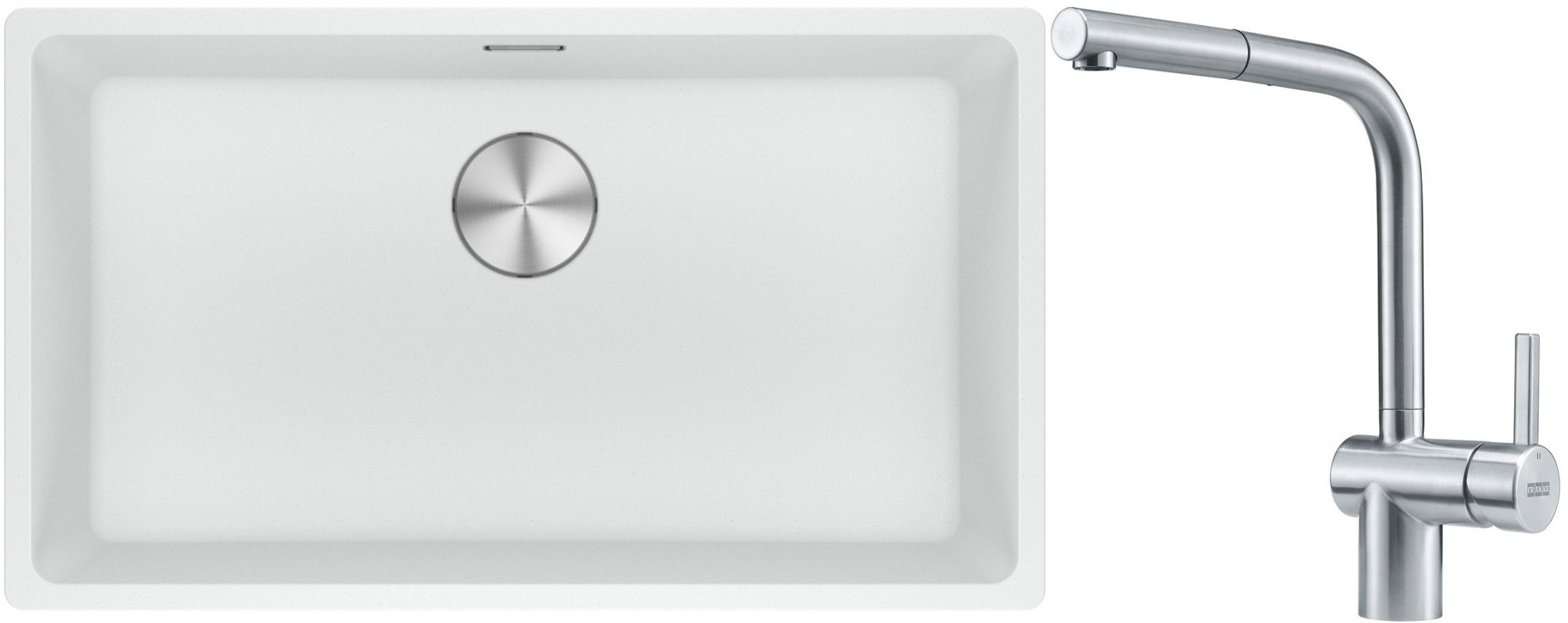 Franke Maris MRG 110-72 zlewozmywak 72x40 cm Fragranite biały polarny z baterią kuchenną Atlas stal szlachetna (1250687263, 1150521439)