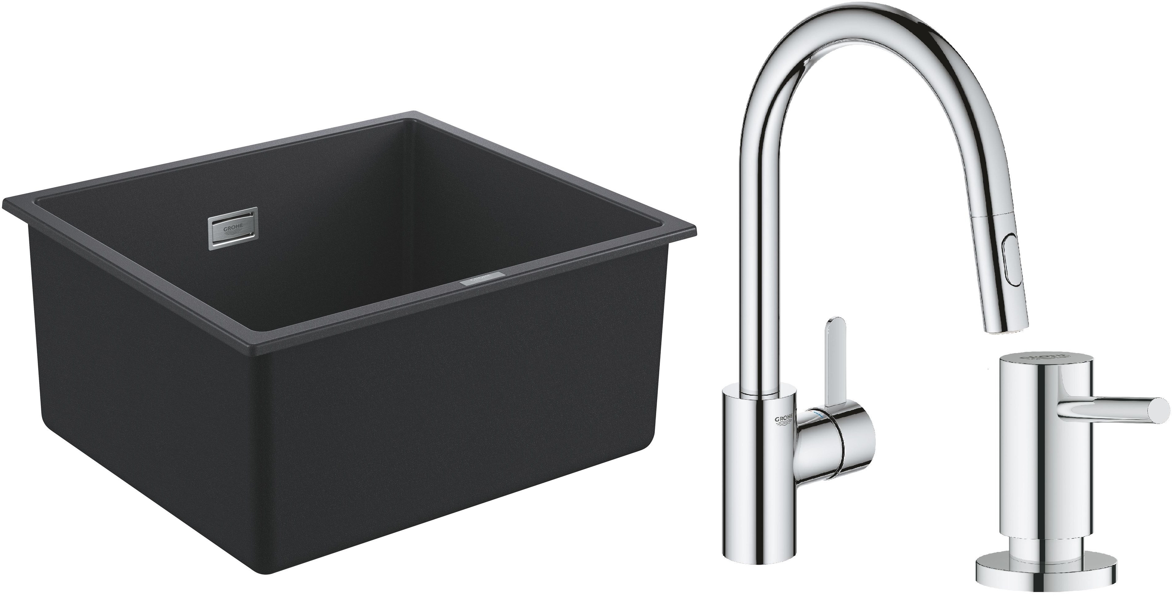 Zestaw Grohe K700 zlewozmywak granitowy 45,7x40,6 cm z baterią kuchenną Eurosmart Cosmopolitan i dozownikiem (1653AP0, 31481001, 40535000) - Wysyłka w