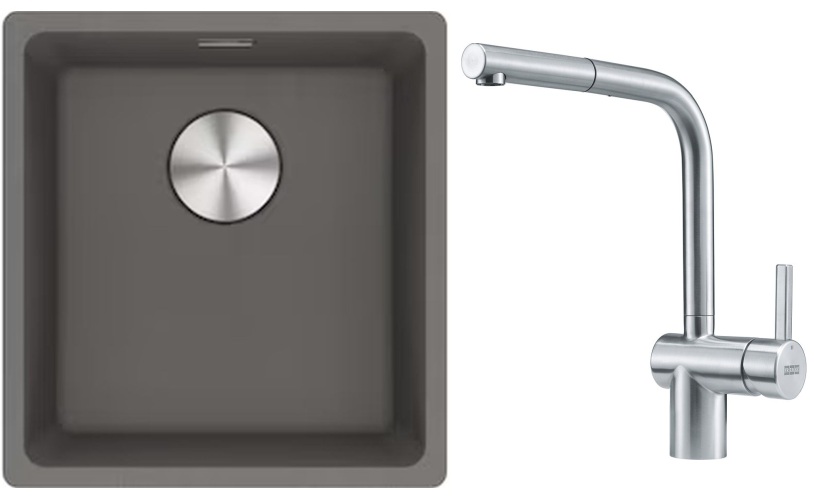 Franke Maris MRG 110-37 zlewozmywak 40x37 cm Fragranite kamienny szary z baterią kuchenną Atlas stal szlachetna (1250687250, 1150521439)