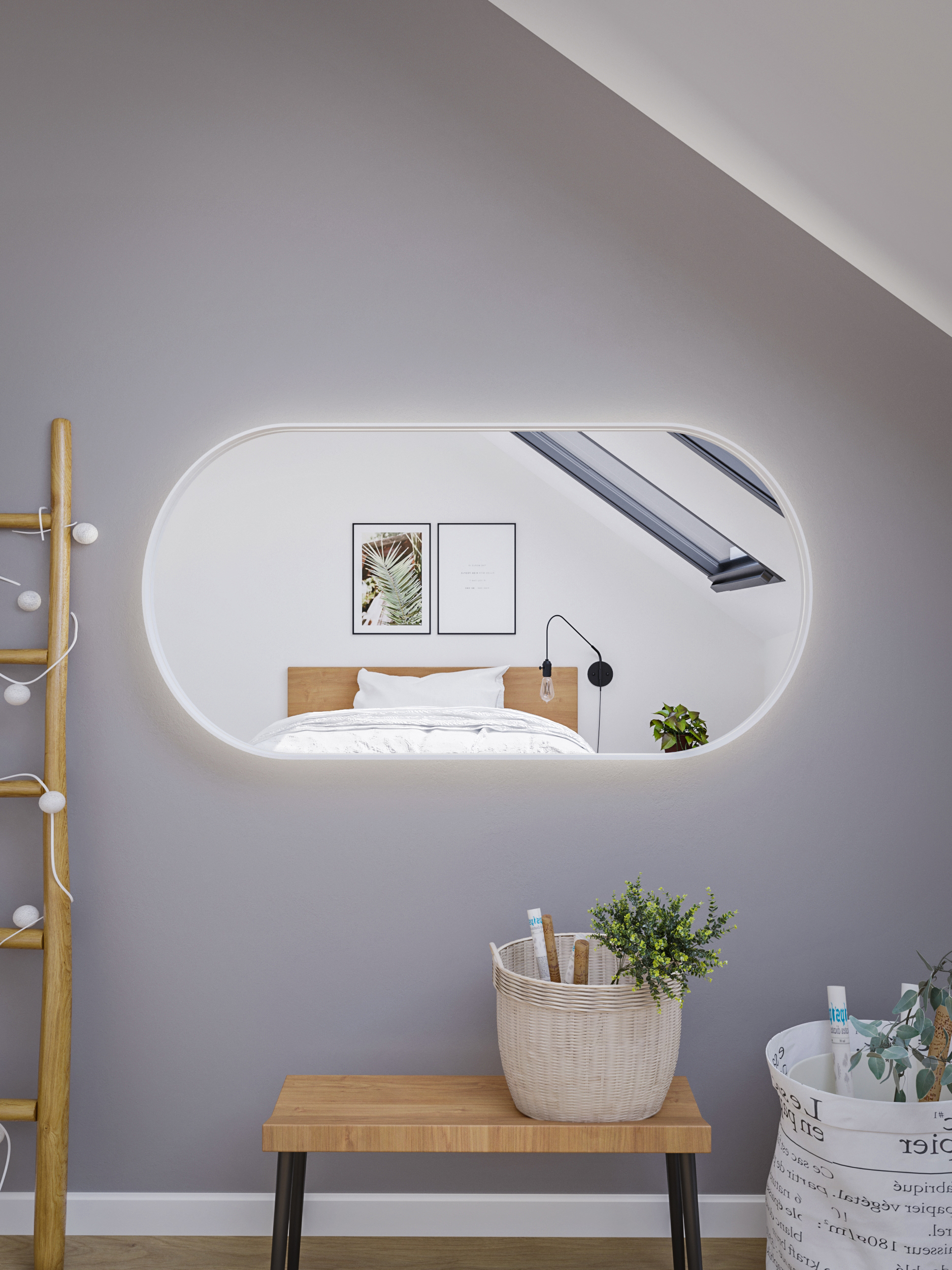 HoM Akasaka lustro 60x120 cm rama stalowa biały oświetlenie zewnętrzne LED A-60x120-W50x4-ON