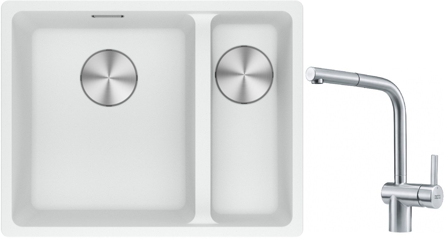 Franke Maris MRG 160-34-15SBR zlewozmywak 52x40 cm Fragranite biały polarny z baterią kuchenną Atlas stal szlachetna (1250687267, ...