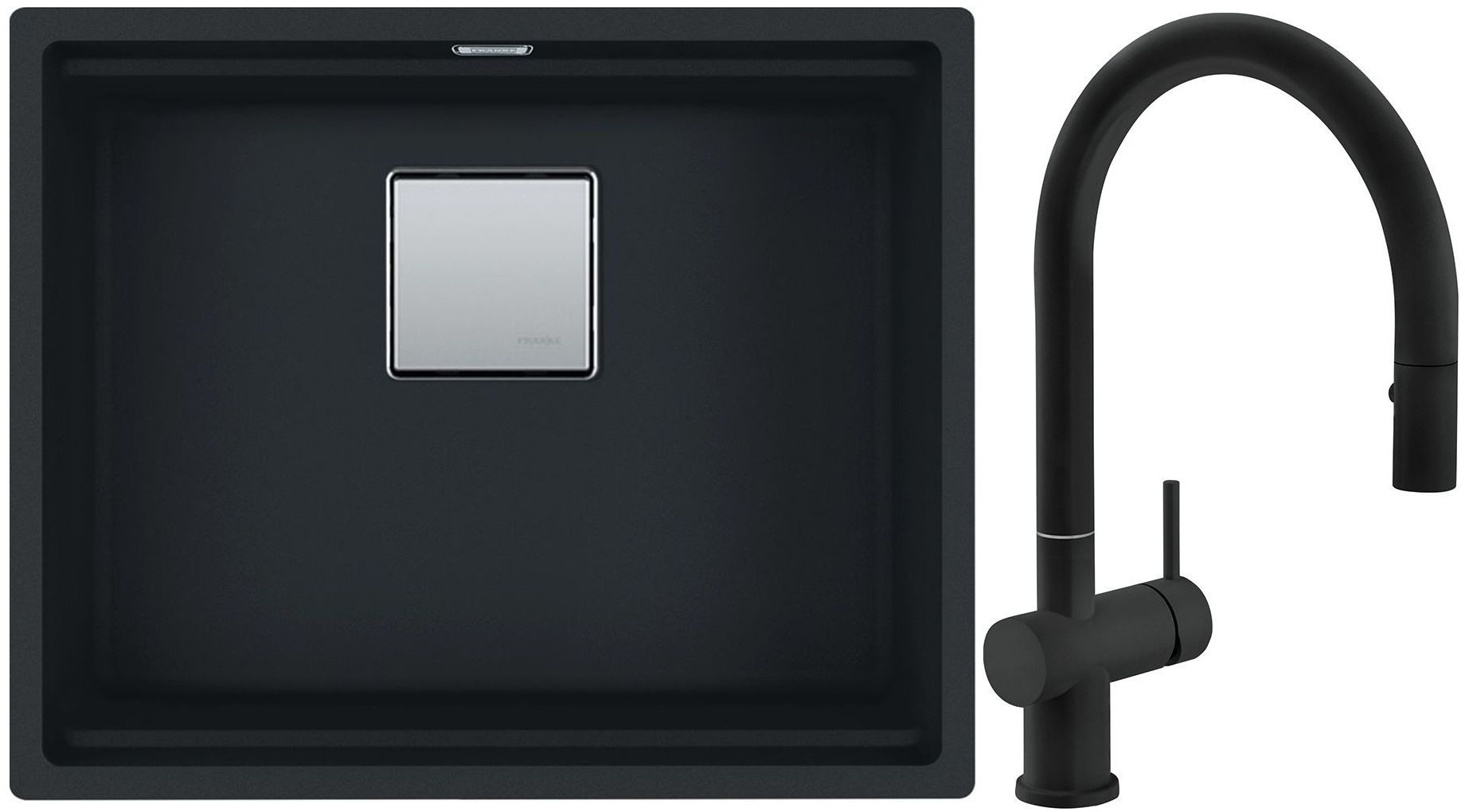 Franke Kanon KNG 110-52 zlewozmywak 52x42 cm Fragranite czarny mat z baterią kuchenną Active Neo czarny mat (1250633002, 1150653404)