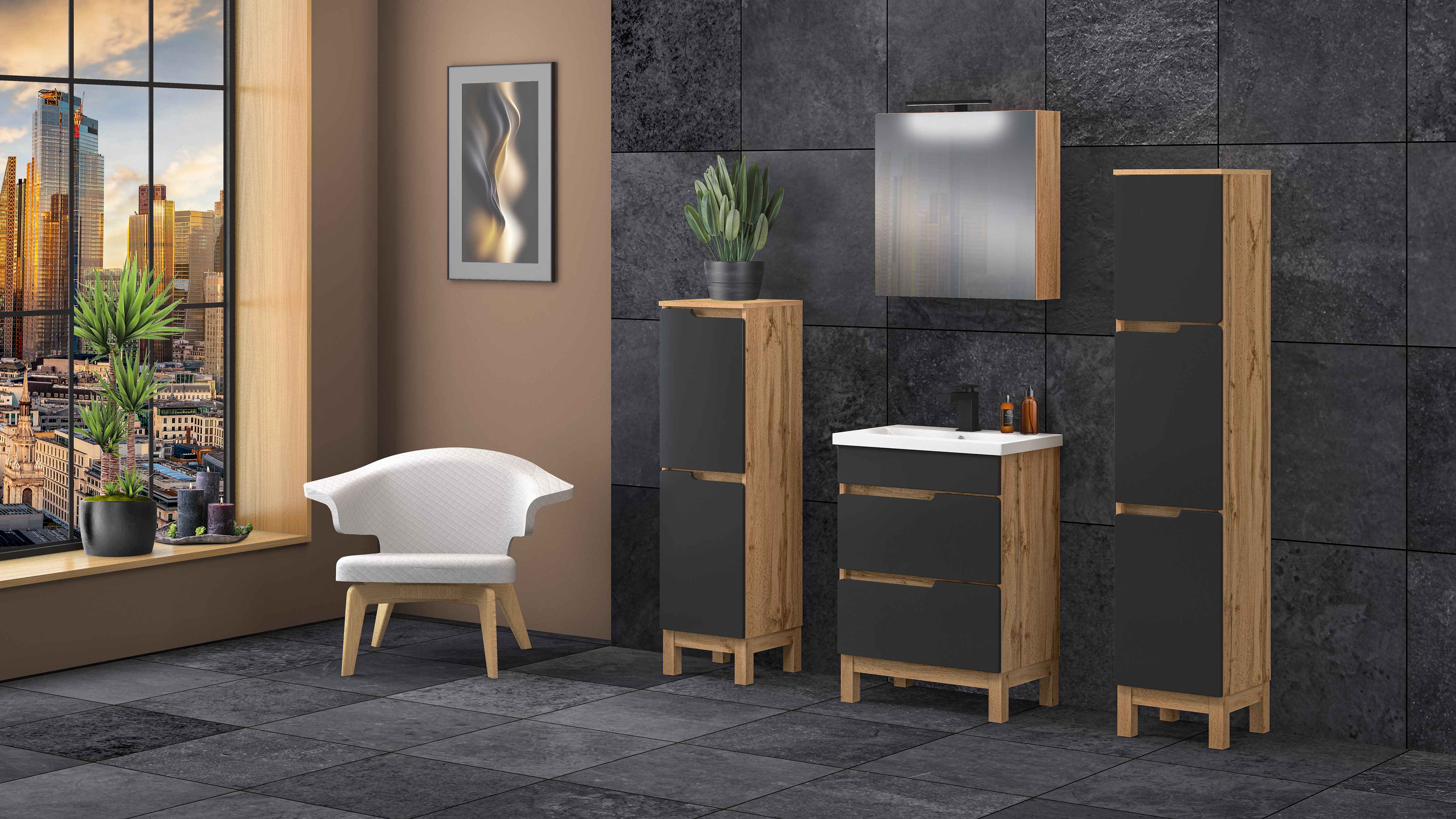 Astor Alma szafka 35x35x127 cm boczna stojąca czarna-dąb AM-SKS-130-BN