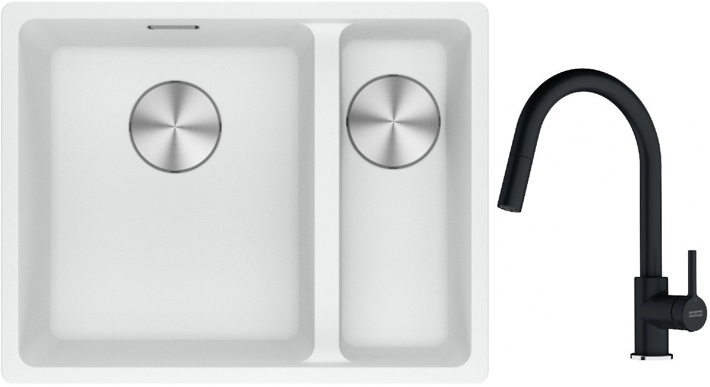 Franke Maris MRG 160-34-15SBR zlewozmywak 52x40 cm Fragranite biały polarny z baterią kuchenną Lina onyx (1250687267, 1150626055)
