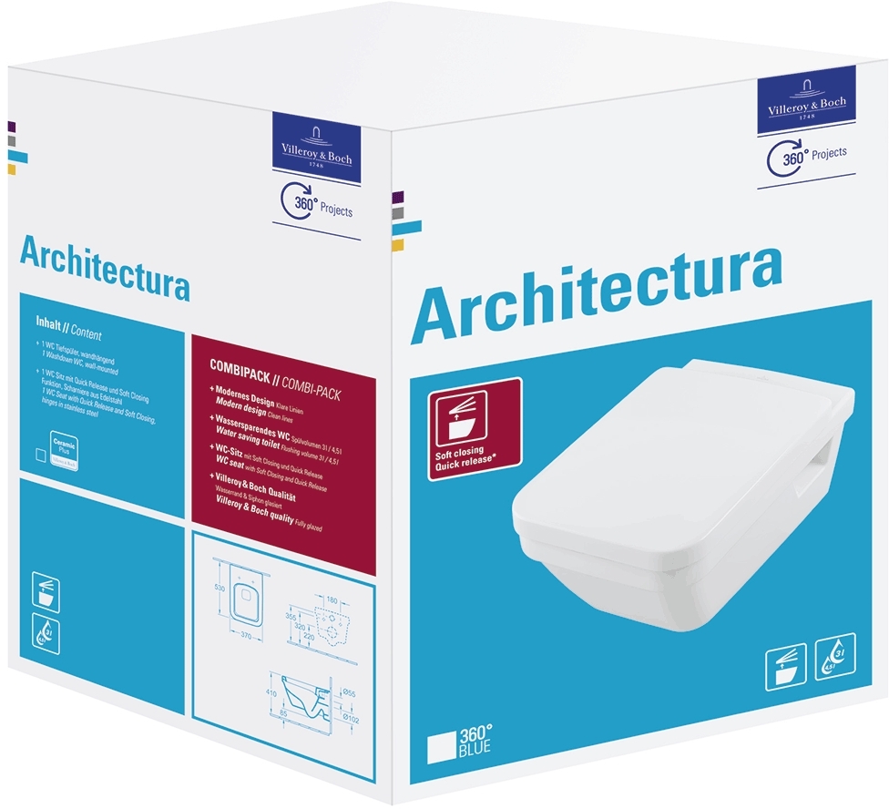 Villeroy & Boch Architectura Combi-Pack miska WC wisząca bez kołnierza z deską wolnoopadającą CeramicPlus Weiss Alpin 5685HRR1