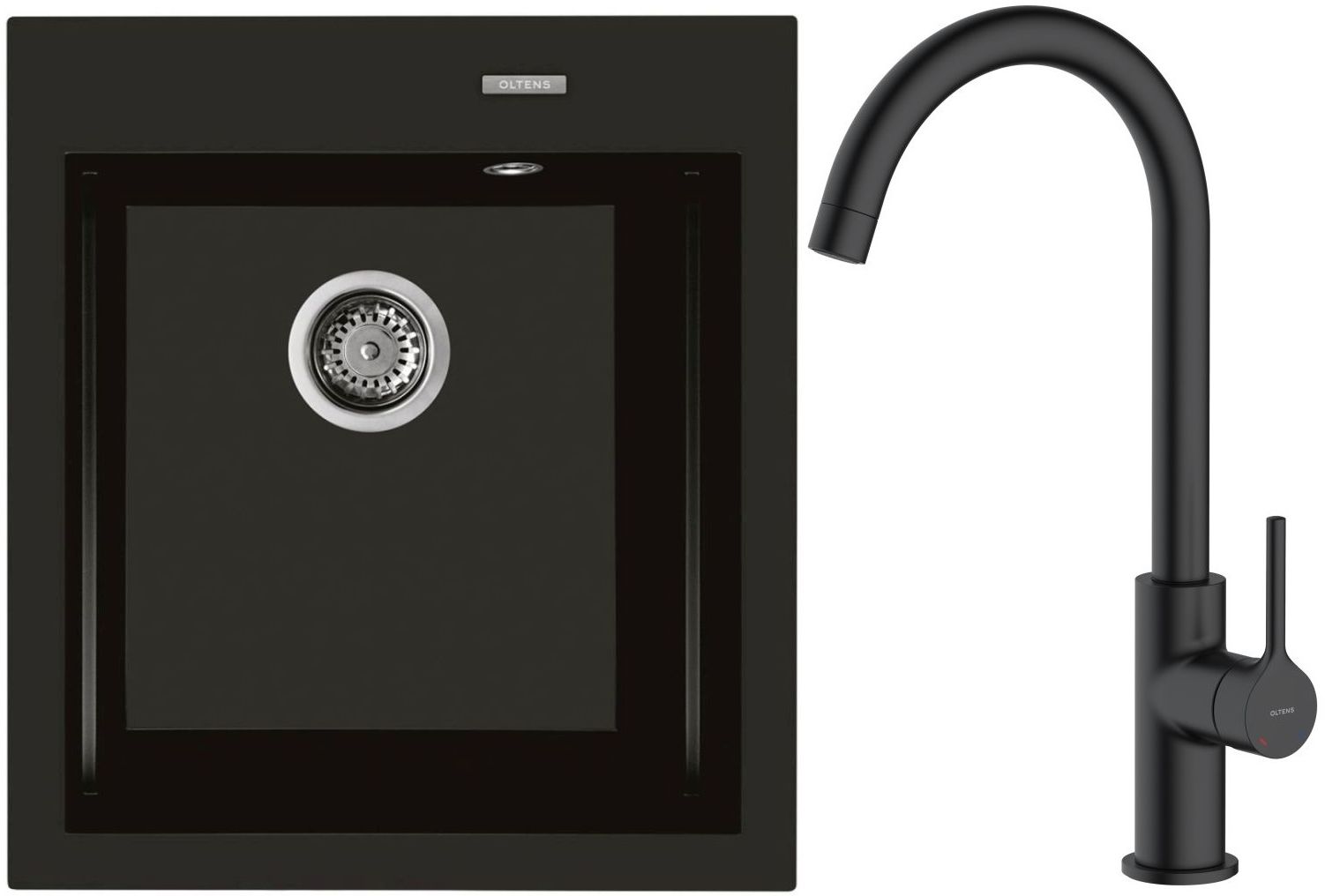 Zestaw Oltens Gravan zlewozmywak granitowy 1-komorowy 47x51,5 cm z baterią kuchenną Skafta czarny mat (72001300, 35206300) - Wysyłka w 24h
