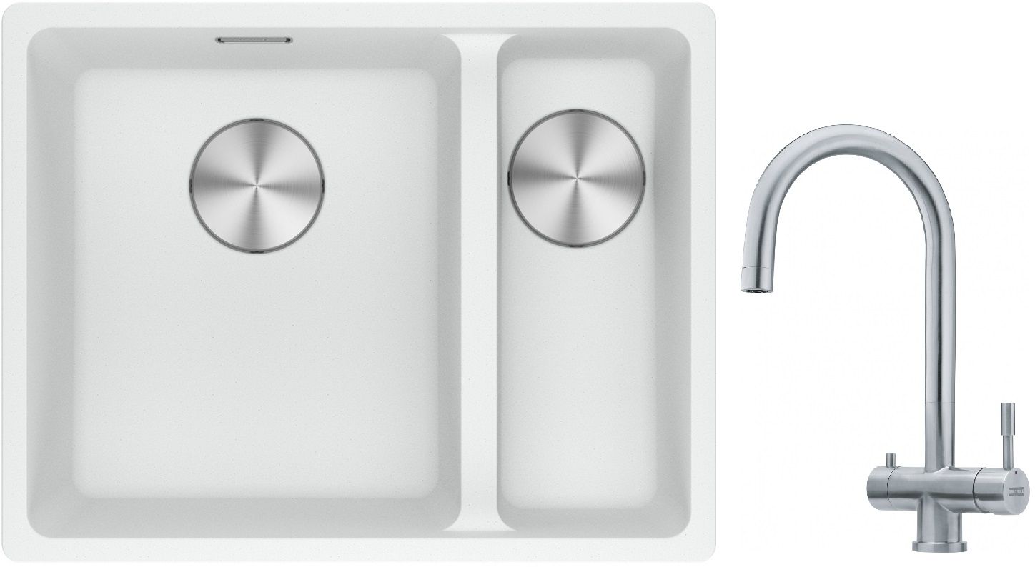 Franke Maris MRG 160-34-15SBR zlewozmywak 52x40 cm Fragranite biały polarny z baterią kuchenną Eos stal szlachetna (1250687267, ...