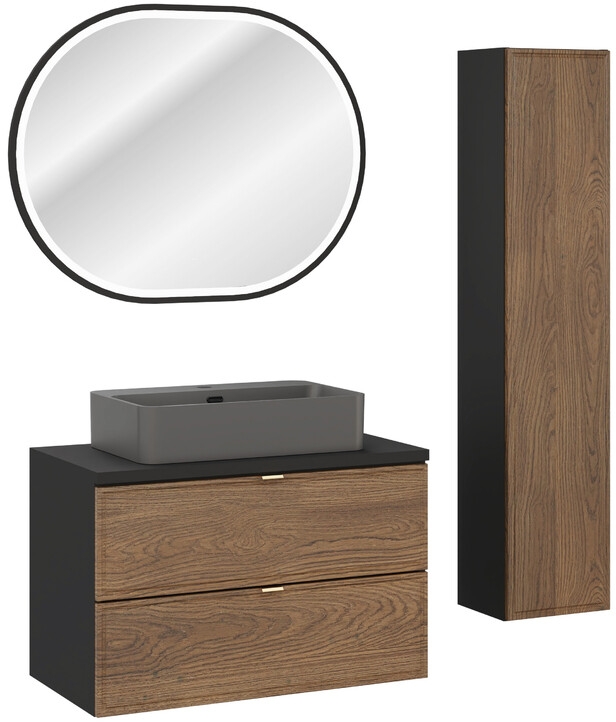Zestaw Comad Talia Casella umywalka nablatowa Trust z szafką podumywalkową 80 cm, lustrem i szafka boczna wysoka dąb-czarny SET-TC B ...