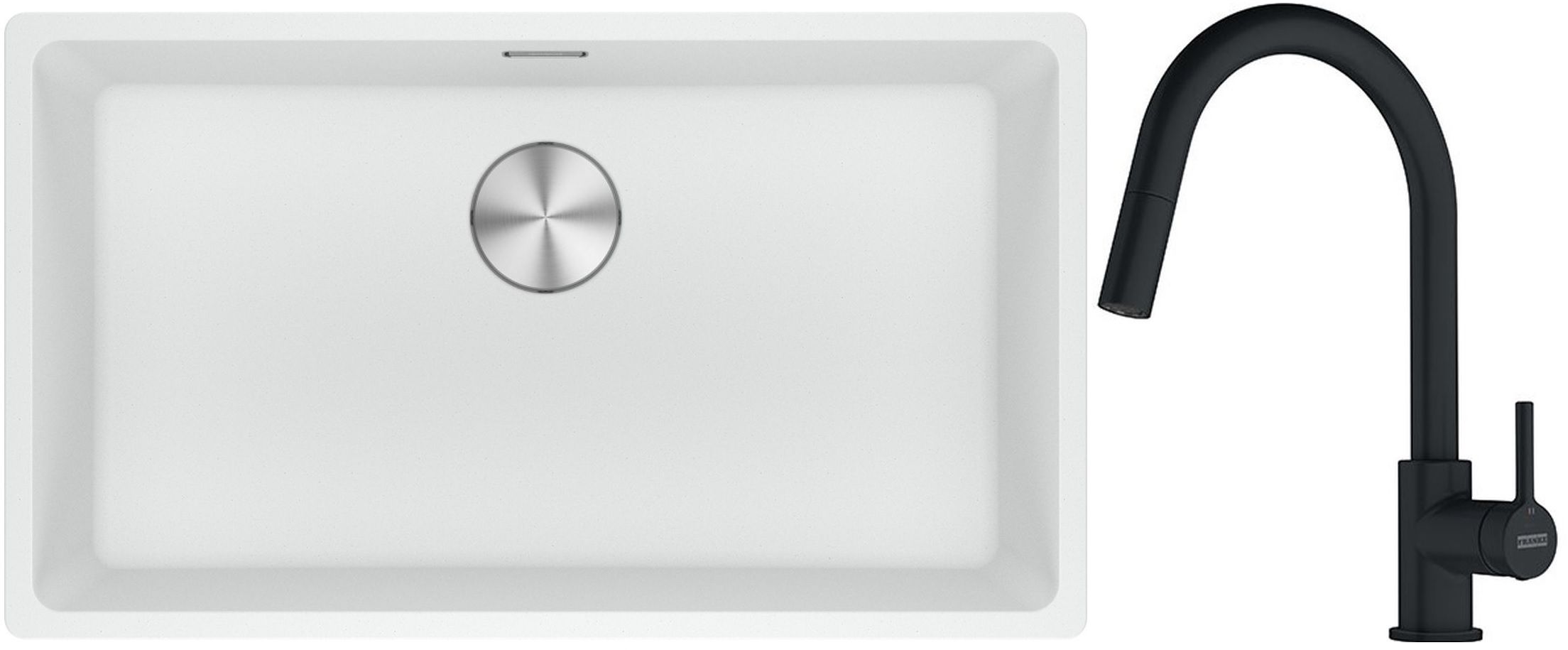 Franke Maris MRG 110-72 zlewozmywak 72x40 cm Fragranite biały polarny z baterią kuchenną Lina czarny mat (1250687263, 1150626053)