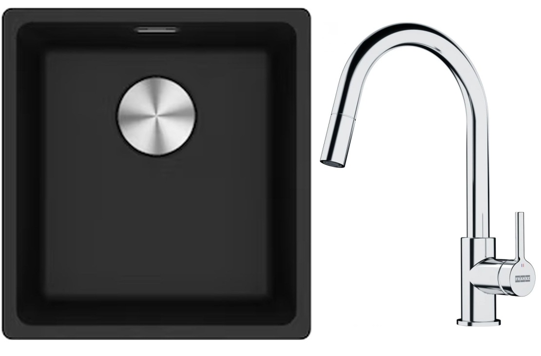 Franke Maris MRG 110-37 zlewozmywak 40x37 cm Fragranite onyx z baterią kuchenną Lina chrom (1250687249, 1150693229)