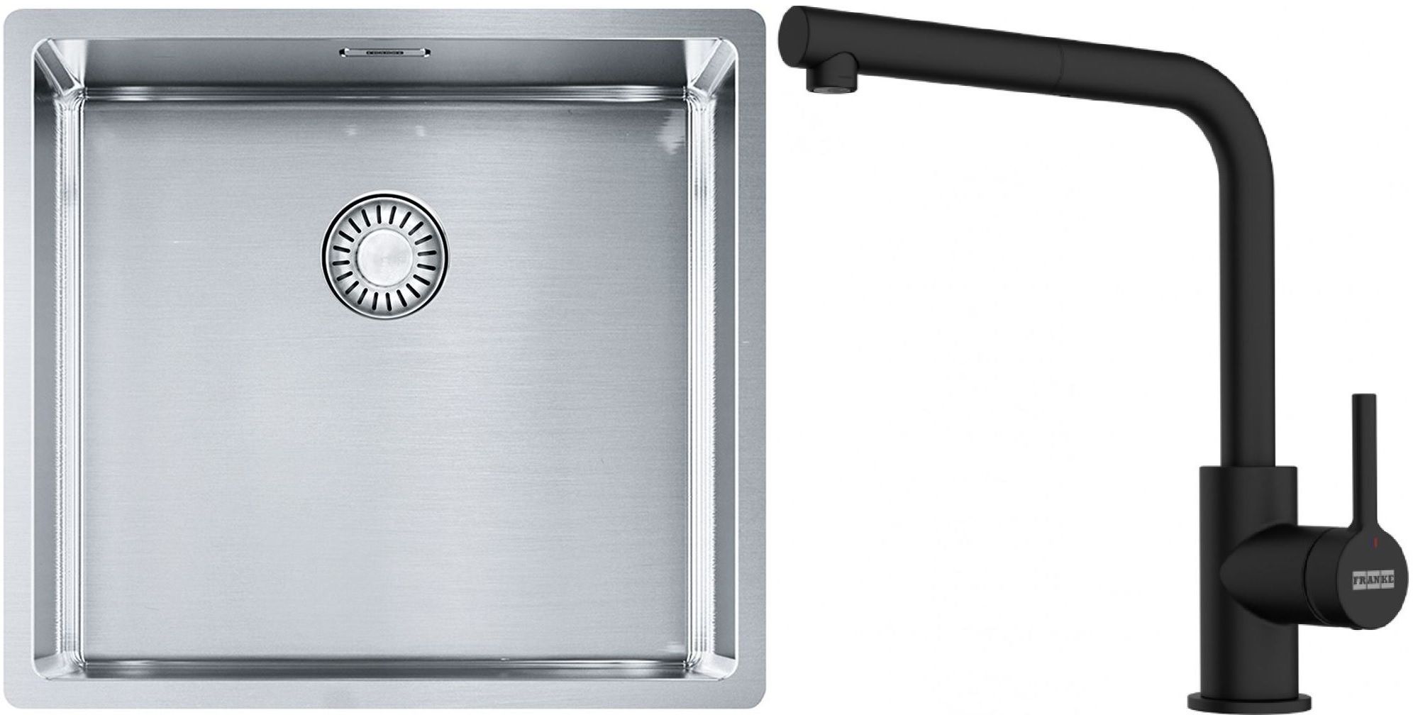 Franke Box BXX 210/110-45 zlewozmywak 49x45 cm stalowy z baterią kuchenną Lina czarny mat (1270453655, 1150712435)