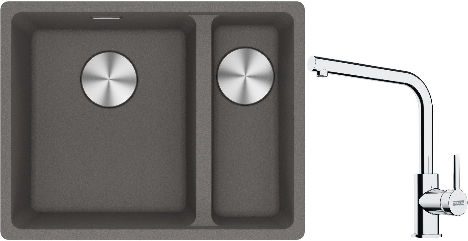 Franke Maris MRG 160-34-15SBR zlewozmywak 52x40 cm Fragranite kamienny szary z baterią kuchenną Lina chrom (1250687266, 1150693230)