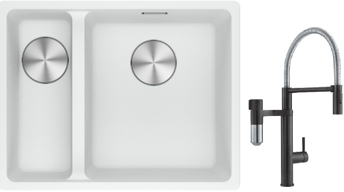 Franke Maris MRG 160-34-15SBL zlewozmywak 52x40 cm Fragranite biały polarny z baterią kuchenną Vital Semi-Pro czarny mat/stal ...