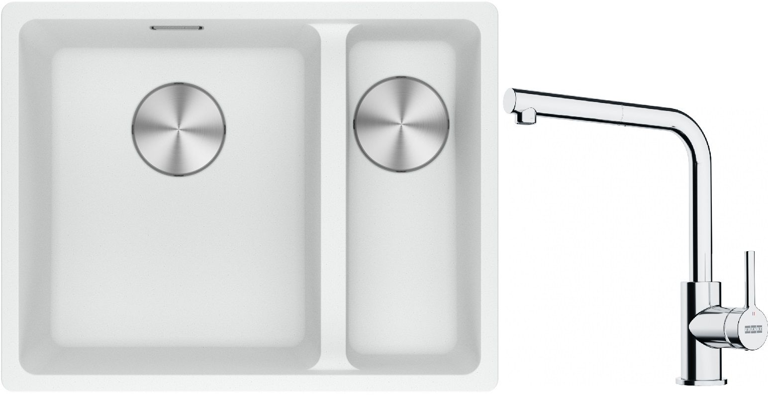 Franke Maris MRG 160-34-15SBR zlewozmywak 52x40 cm Fragranite biały polarny z baterią kuchenną Lina chrom (1250687267, 1150712420)