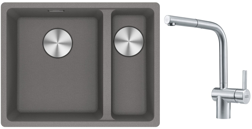 Franke Maris MRG 160-34-15SBR zlewozmywak 52x40 cm Fragranite kamienny szary z baterią kuchenną Atlas stal szlachetna (1250687266, ...