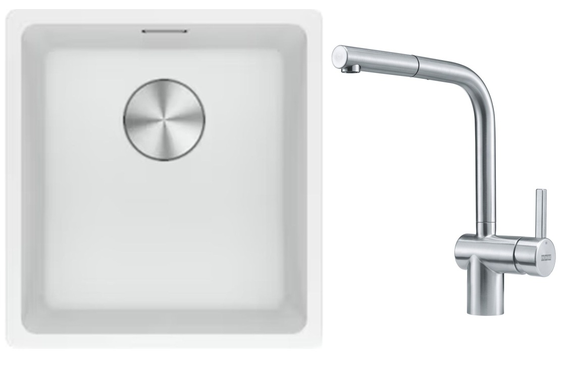 Franke Maris MRG 110-37 zlewozmywak 40x37 cm Fragranite biały polarny z baterią kuchenną Atlas stal szlachetna (1250687251, 1150521439)