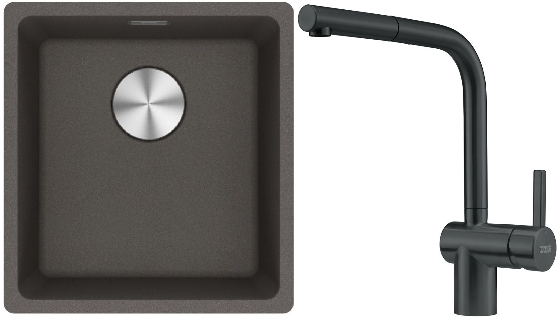Franke Maris zlewozmywak granitowy 43,3x40,3 cm łupkowy szary z baterią kuchenną Atlas czarna stal szlachetna (1250716374, 1150550427)