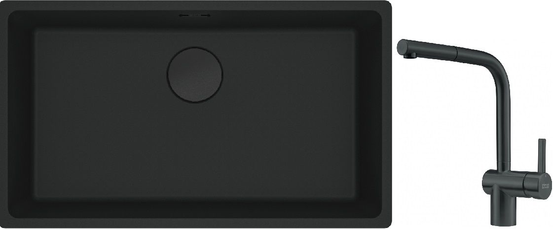 Franke Maris MRG 110-72 zlewozmywak 72x40 cm Fragranite czarny mat z baterią kuchenną Atlas czarna stal szlachetna (1250697757, ...