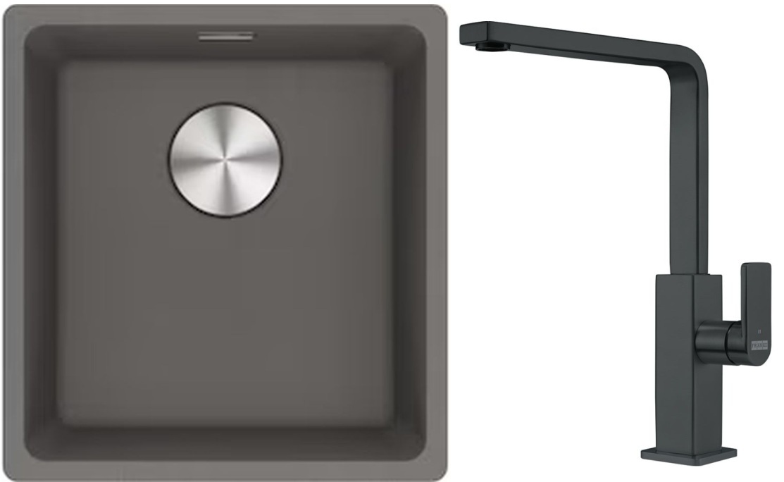 Franke Maris MRG 110-37 zlewozmywak 40x37 cm Fragranite kamienny szary z baterią kuchenną Mythos czarna stal szlachetna (1250687250, ...