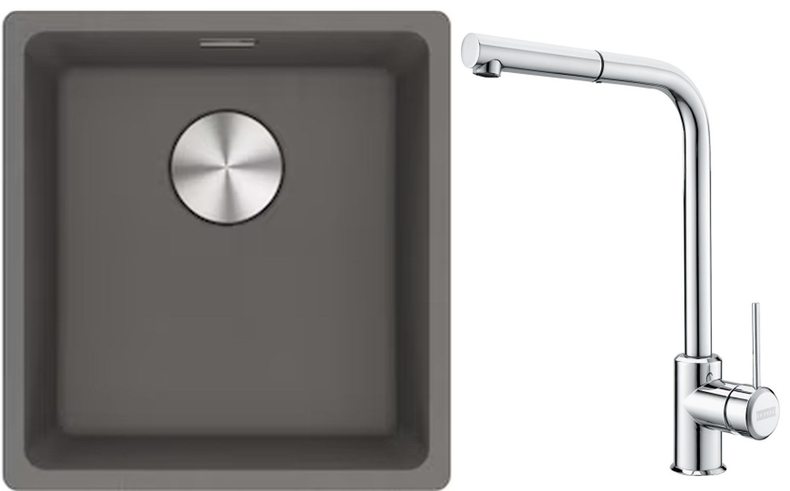 Franke Maris MRG 110-37 zlewozmywak 40x37 cm Fragranite kamienny szary z baterią kuchenną Sirius Side chrom (1250687250, 1150668280)