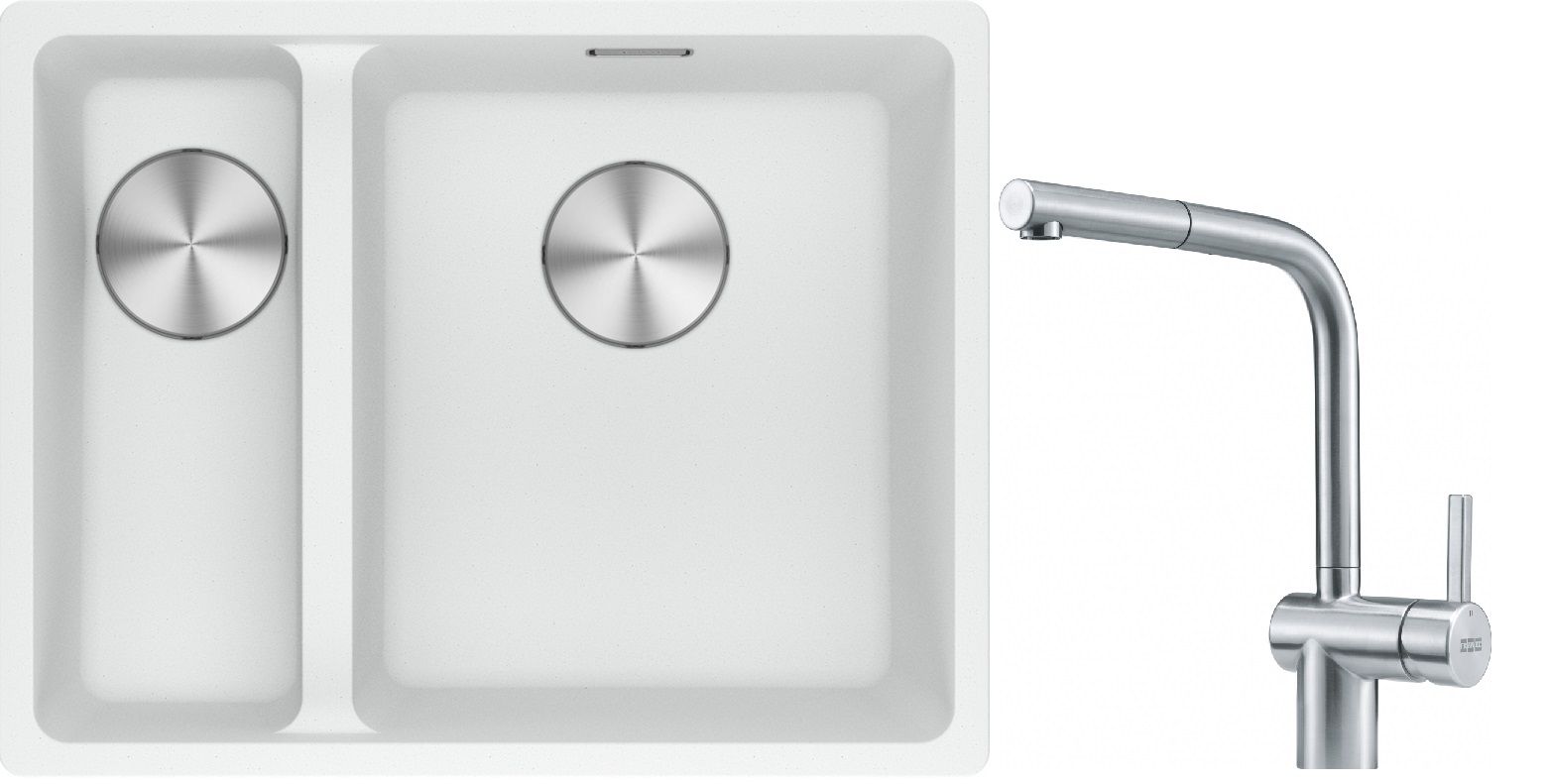 Franke Maris MRG 160-34-15SBL zlewozmywak 52x40 cm Fragranite biały polarny z baterią kuchenną Atlas stal szlachetna (1250687271, ...