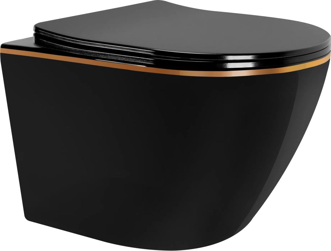 Rea Carlo Mini miska WC z deską wolnoopadającą wisząca bez kołnierza czarny-złoty połysk REA-C8800