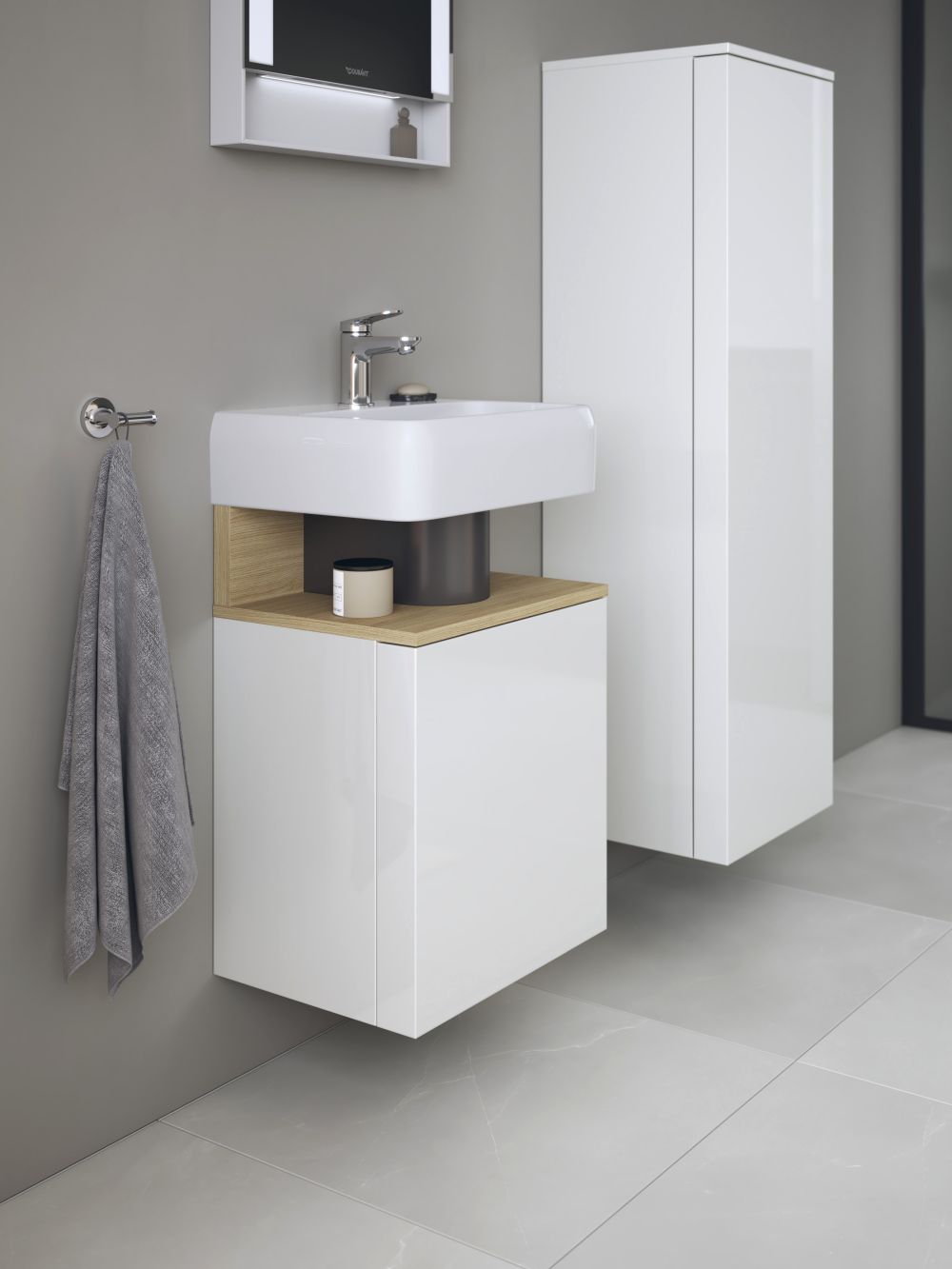 Duravit Qatego szafka 44 cm podumywalkowa wisząca lewa biały połysk/jasne drewno QA4076L30220000