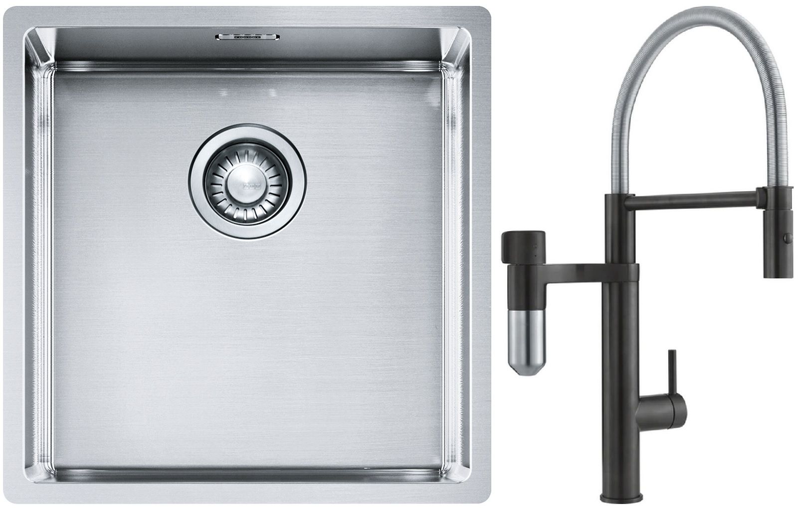 Franke Box BXX 210/110-40 zlewozmywak 45x44 cm stalowy z baterią kuchenną Vital Semi-Pro czarny mat/stal (1270453654, 1200621313)