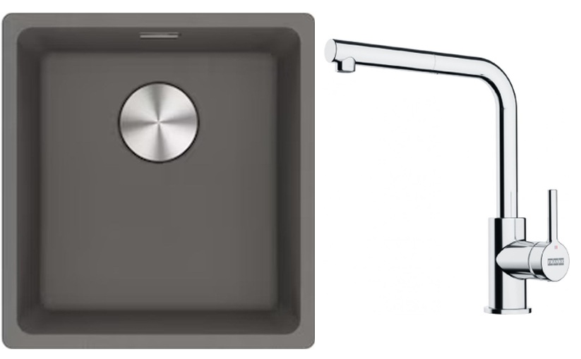 Franke Maris MRG 110-37 zlewozmywak 40x37 cm Fragranite kamienny szary z baterią kuchenną Lina chrom (1250687250, 1150712420)
