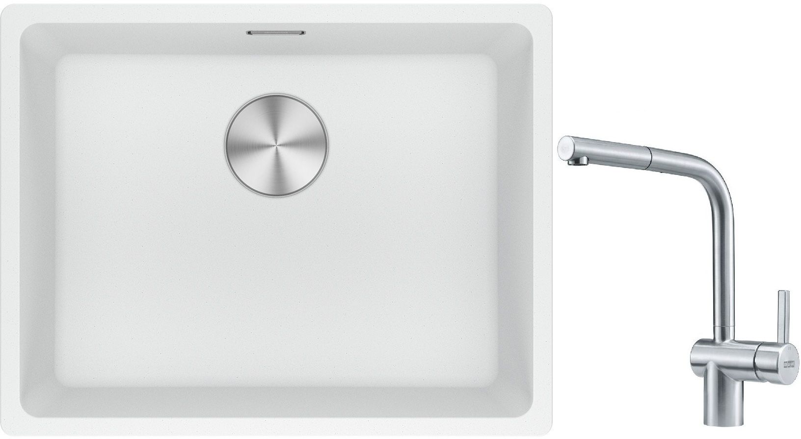 Franke Maris MRG 110-52 zlewozmywak 52x40 cm Fragranite biały polarny z baterią kuchenną Atlas stal szlachetna (1250687255, 1150521439)