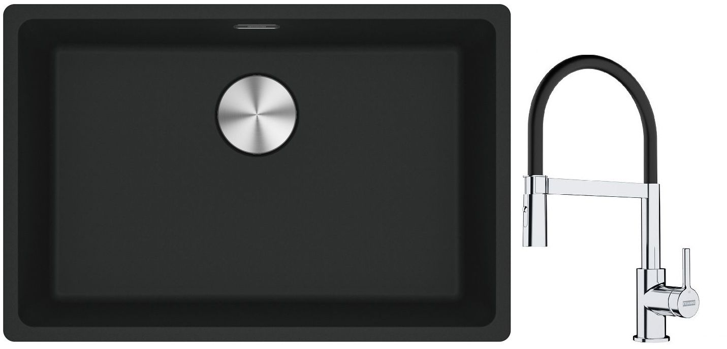 Franke Maris MRG 110-62 zlewozmywak 62x40 cm Fragranite czarny mat z baterią kuchenną Lina chrom/czarny (1250687256, 1150626085)