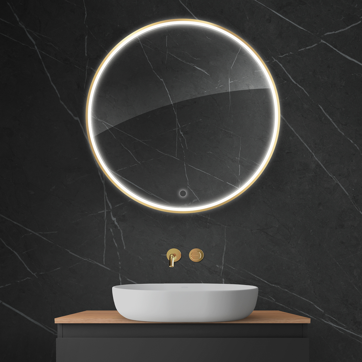 Oltens Nordlis lustro 80x80 cm okrągłe z oświetleniem z przodu z matą grzewczą złoty 64101800 - Wysyłka w 24h