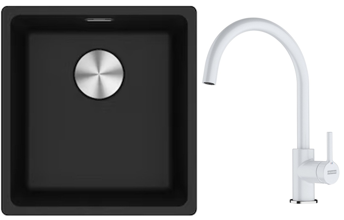 Franke Maris MRG 110-37 zlewozmywak 40x37 cm Fragranite onyx z baterią kuchenną Lina biały polarny (1250687249, 1150626024)