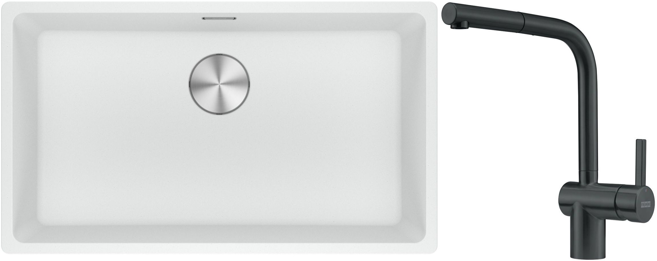 Franke Maris MRG 110-72 zlewozmywak 72x40 cm Fragranite biały polarny z baterią kuchenną Atlas czarna stal szlachetna (1250687263, ...