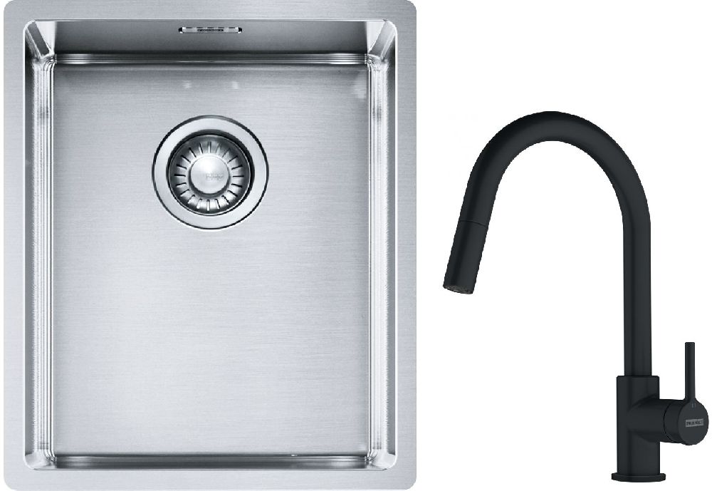 Franke Box BXX 210/110-34 zlewozmywak 38x45 cm stalowy z baterią kuchenną Lina czarny mat (1270453653, 1150626053)