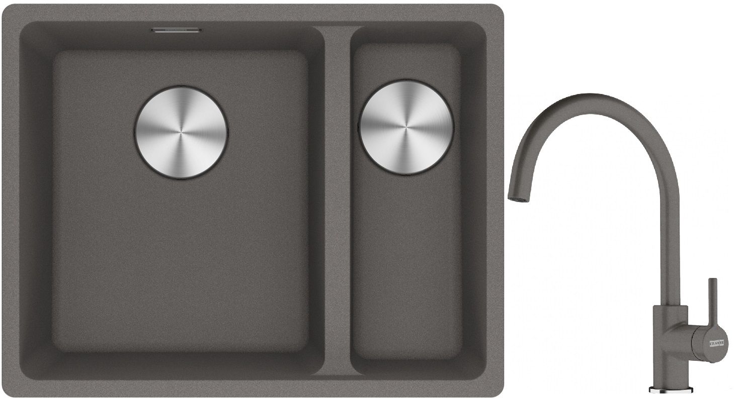 Franke Maris MRG 160-34-15SBR zlewozmywak 52x40 cm Fragranite kamienny szary z baterią kuchenną Lina kamienny szary (1250687266, ...