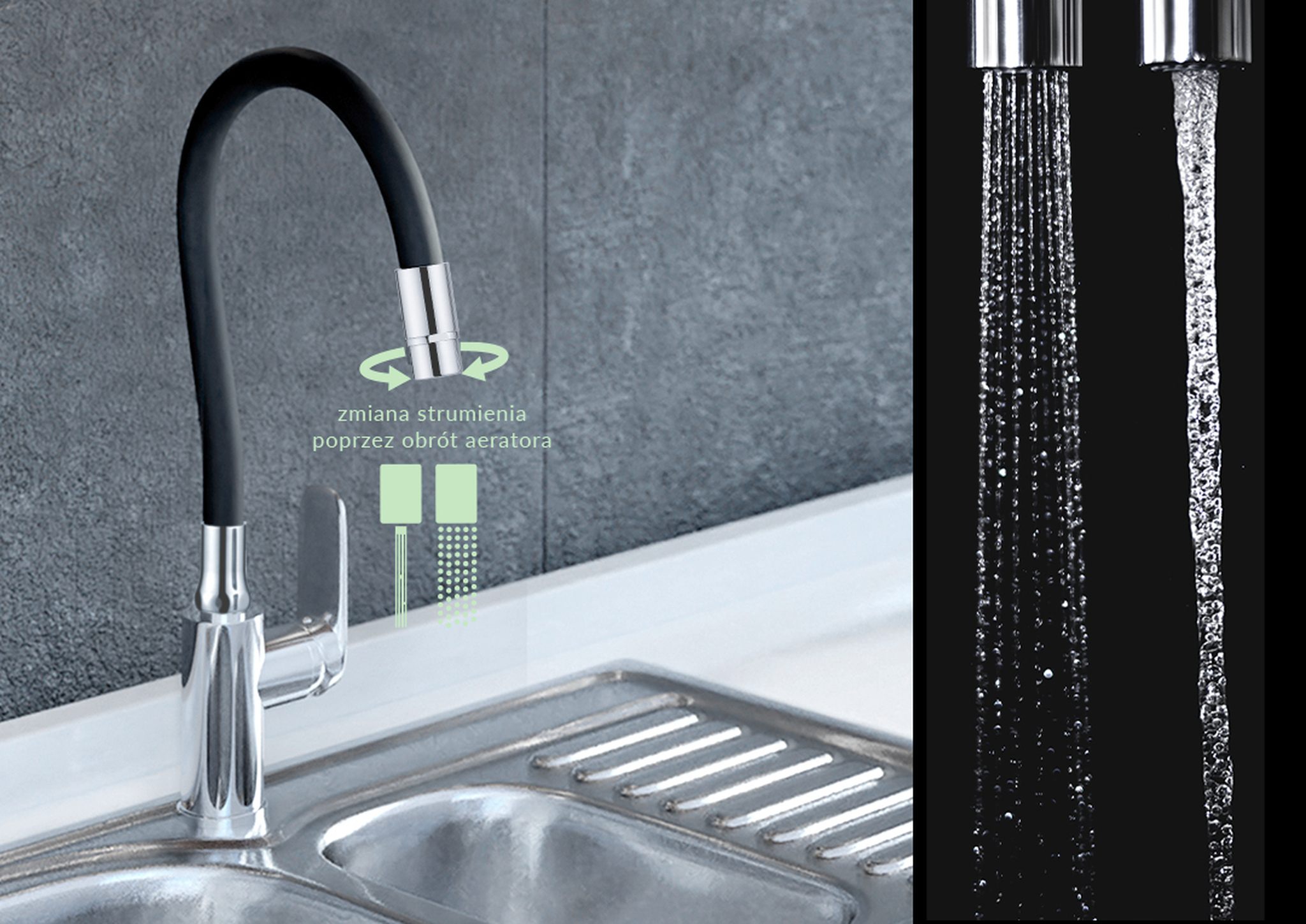 Kuchinox Elza bateria kuchenna z elastyczną wylewką chrom/czarny BKE762D