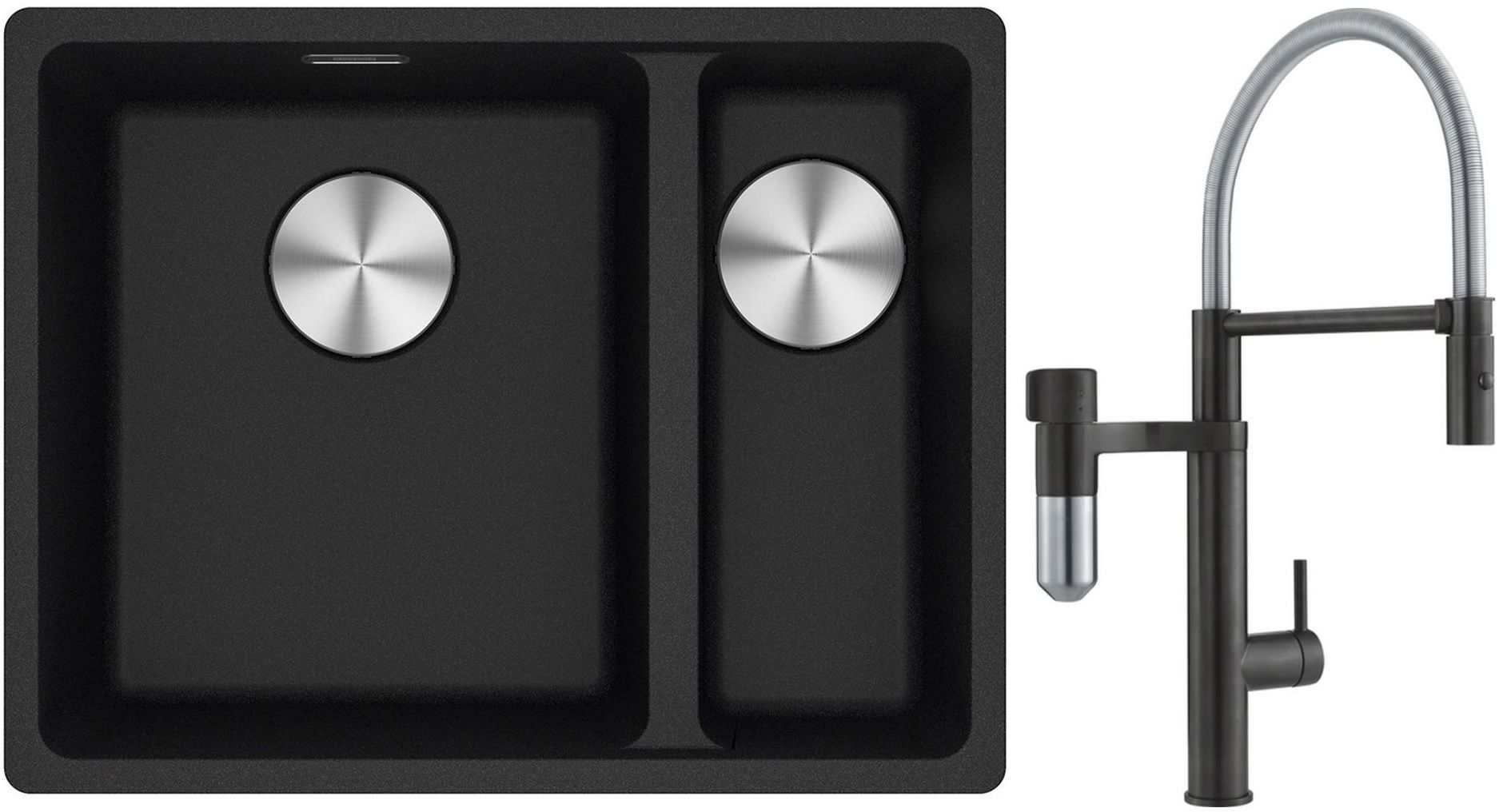 Franke Maris MRG 160-34-15SBR zlewozmywak 52x40 cm Fragranite onyx z baterią kuchenną Vital Semi-Pro czarny mat/stal (1250687265, ...