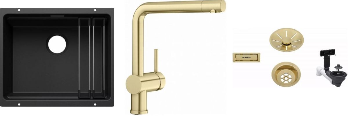 Zestaw Blanco Etagon 500-U zlewozmywak granitowy czarny z baterią kuchenną Linus i armaturą odpływowo-przelewową złotą (527754, ... - Wysyłka w 24h
