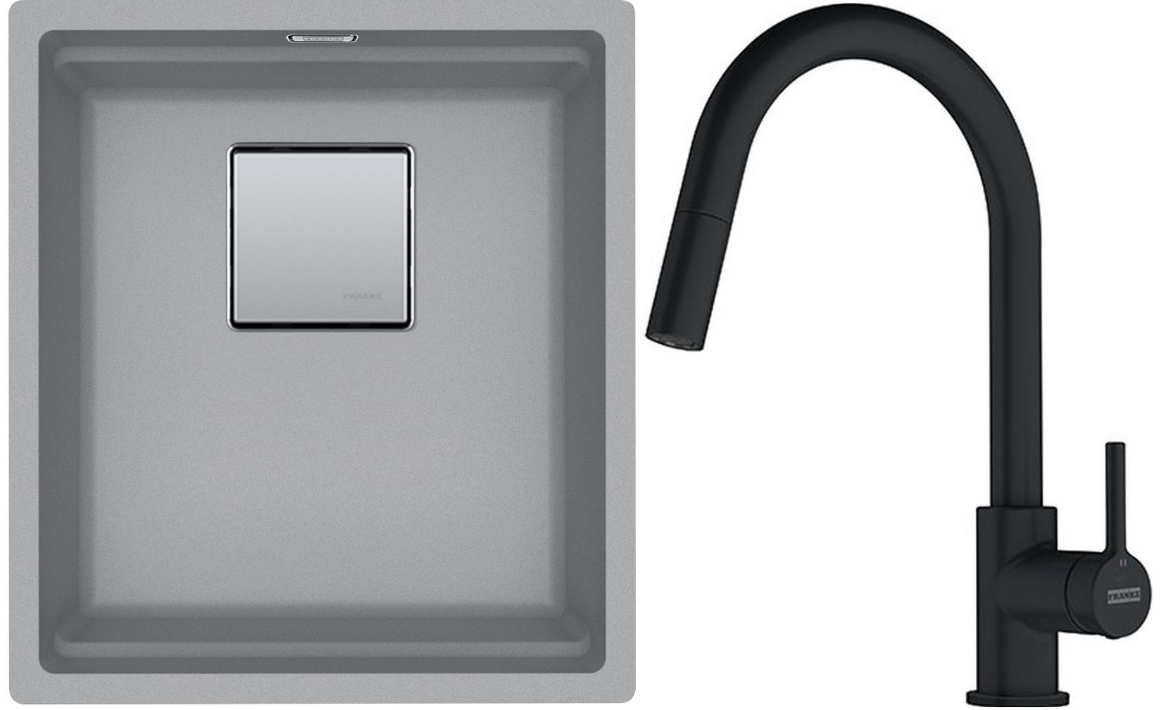Franke Kanon KNG 110-37 zlewozmywak 37x42 cm Fragranite kamienny szary z baterią kuchenną Lina Pull-Out czarny mat (1250528631, ...