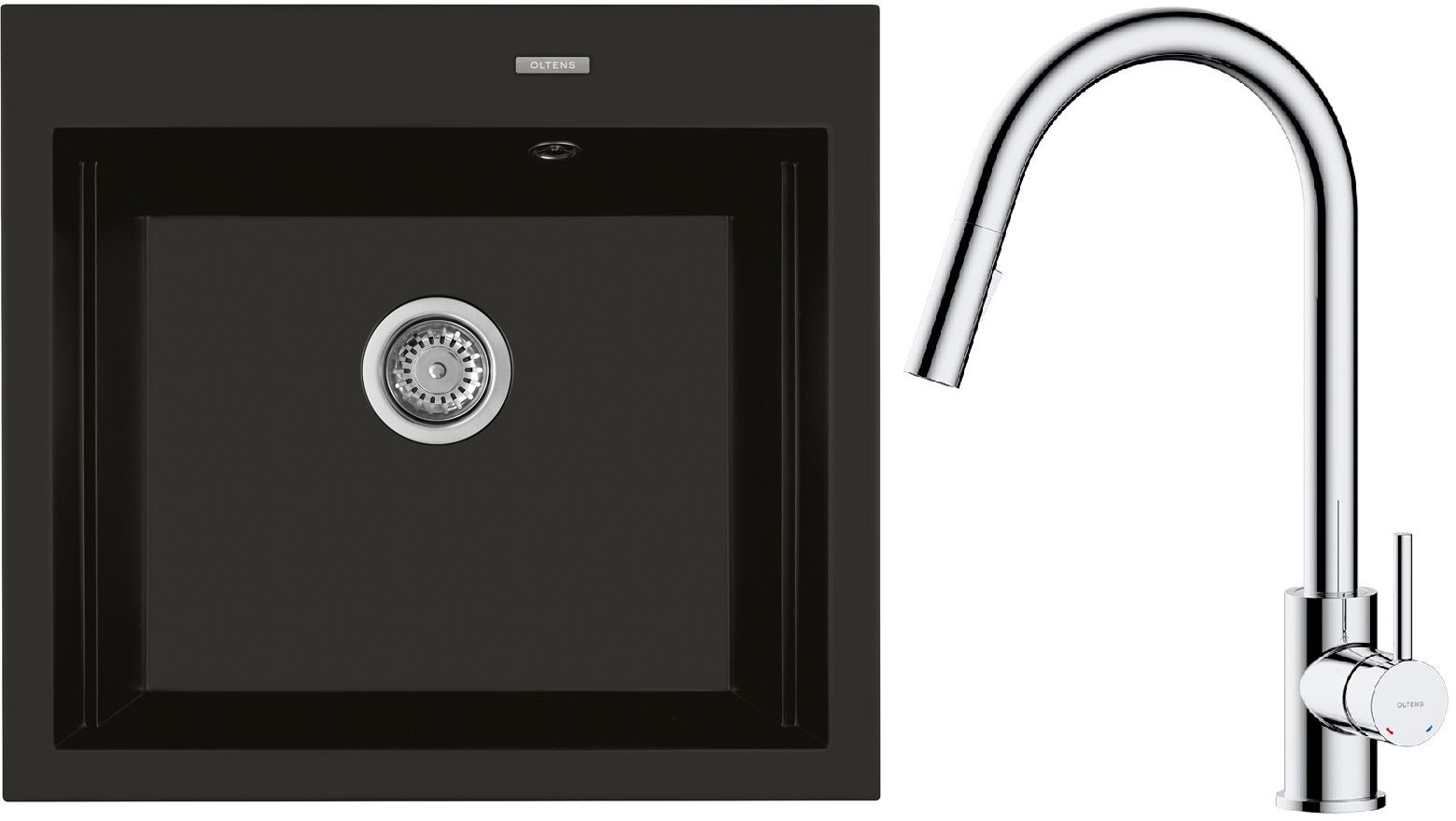 Zestaw Oltens Gravan zlewozmywak granitowy 1-komorowy 57x51,5 cm z baterią kuchenną Litla czarny mat/chrom (72000300, 35204100) - Wysyłka w 24h