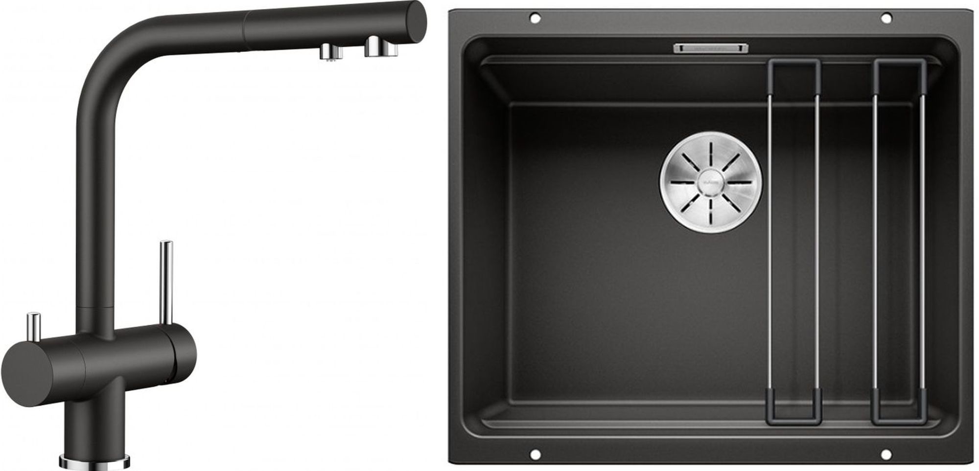 Zestaw Blanco Etagon 500-U zlewozmywak granitowy czarny z baterią kuchenną Fontas-S II czarny/chrom (525887, 526158) - Wysyłka w 24h