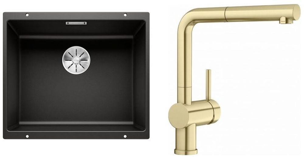 Zestaw Blanco Subline 500-U zlewozmywak granitowy czarny z baterią kuchenną Linus-S złoty (525995, 526684) - Wysyłka w 24h