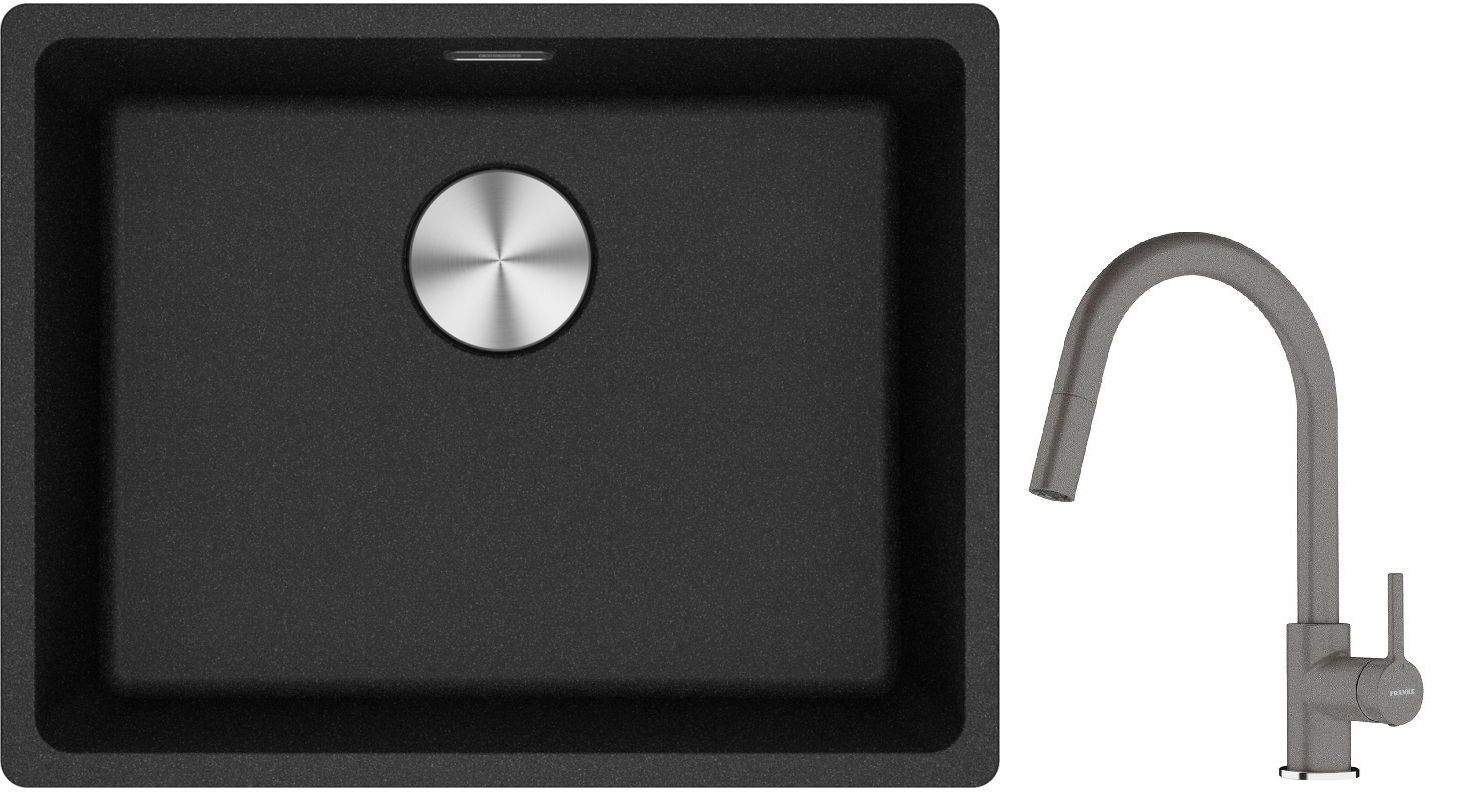 Franke Maris MRG 110-52 zlewozmywak 52x40 cm Fragranite onyx z baterią kuchenną Lina kamienny szary (1250687253, 1150626057) - Wysyłka w 24h